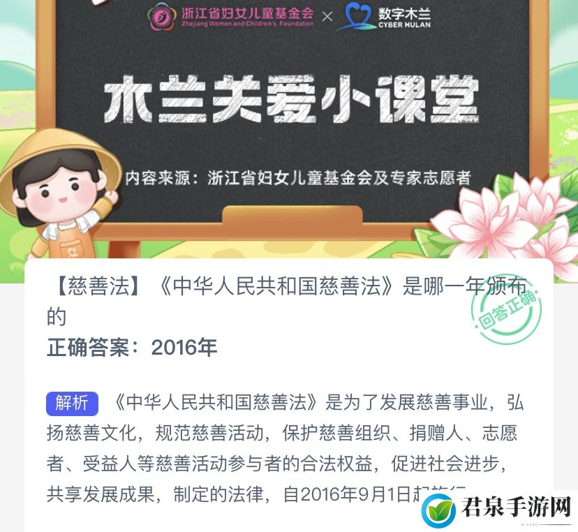 **慈善法是哪一年颁布的-支付宝蚂蚁新村小课堂9月6日每日一题答案